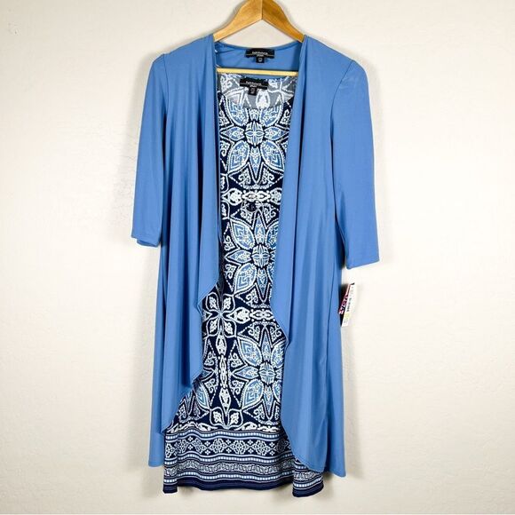 R&M Richards Blue White 2-Piece Jacket Dress Set Size 4P Beaded Necklace NWT - Picture 1 of 15